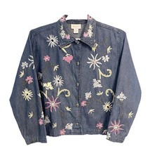 Vintage 90s Studio Works Embroidered Denim Jacket Medium Floral Stitching Boho