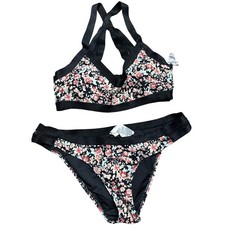 Volcom Floral Bikini Swimsuit Black Coral Blue Pink Halter Top Bottoms Large