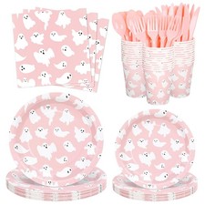 168 Pcs Halloween Ghost Paper Tableware Set Pink Cute Ghost Boo Disposable Plate