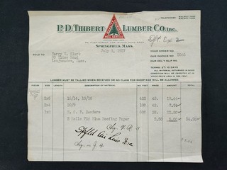 1927 antique PD THIBERT LUMBER CO springfield ma BILLHEAD HARRY CLARK longmeadow