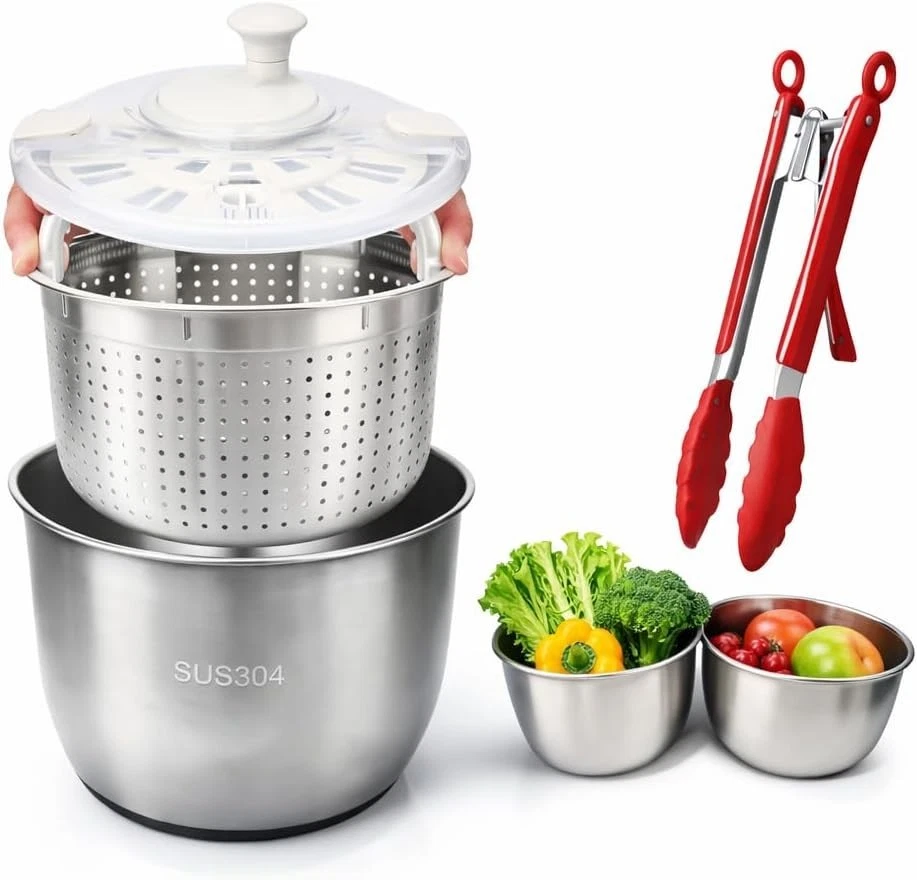 6L Stainless Steel Salad Spinner W/ Bonus Tong – Large Vegetable Spinner Fruit