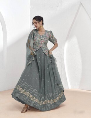 slim fit dress slacks Gown Rayon Grey Print Gown – Kajols main image 0