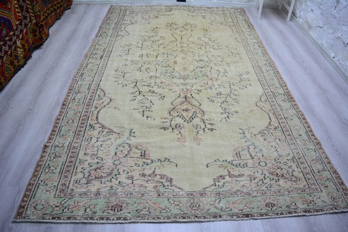 Beige Faded Turkish Vintage Living Room Carpet, 5.8x9.8ft, Antique Handmade Rug,