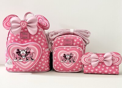 Loungefly Disney Minnie Mouse Hearts Ears Mini Backpack, Crossbody & Wallet Set.