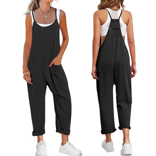 Womens Jumpsuits Loose Casual Rompers Sleeveless Spaghetti Strap Baggy Pockets - Picture 10 of 40