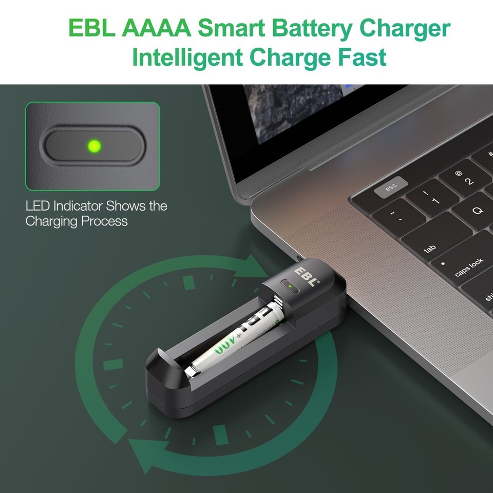EBL AAAA Battery Charger + 2x AAAA NiMH Rechargeable Batteries for