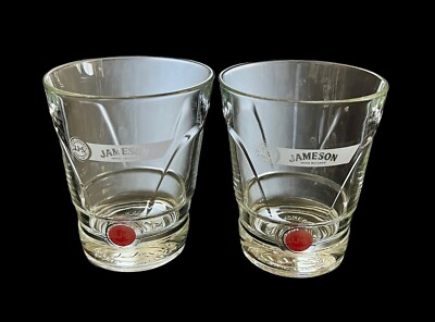 2 - John Jameson & Son, Red Label Whiskey Low Ball Glasses Embossed Stamped 8oz