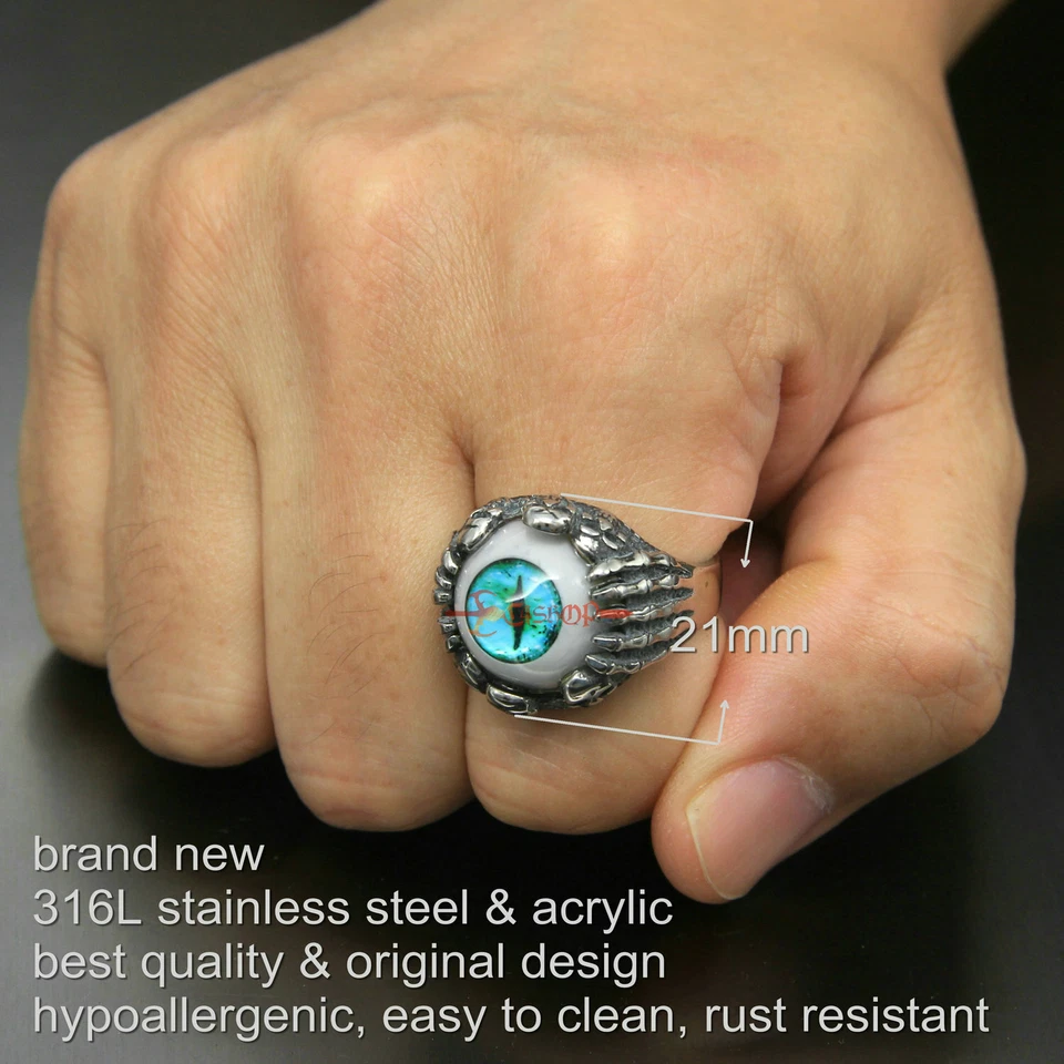 Anillo de motociclista de acero inoxidable gótico calavera esqueleto garra mano mal ojo de diablo para hombre Foto 3 de 4