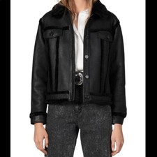 Sandro Faux Fur Coat Leather Black Women