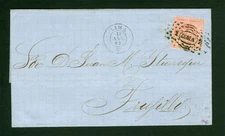 PERU 1860  Coat of Arms  1peseta  brick red  Scott # 10 used on COVER from Lima