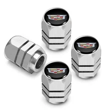 Cadillac Crest Black on Silver Hexagon Aluminum Tire Valve Caps