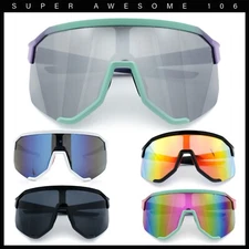 Oversized Geometric Bevel Cut Mono Shield Wrap Half Rim Sport Sunglasses