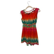 My Michelle Womens Dress 14 Orange Pink Ikat Chevron Cage Neck Boho Colorful