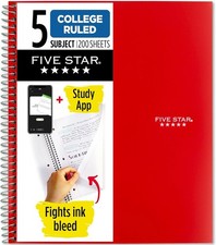 Five Star Spiral Notebook  Study App, 5 Subject, College Ruled Paper, 8-1/2" x