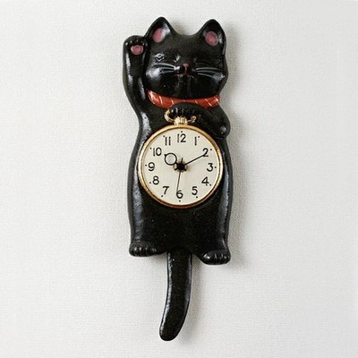 Japanische schwarze Glückskatze Manekineko Wandpendeluhr Keramik Seto Ware Ge...