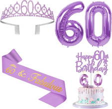 60Th Birthday Decorations for Women Purple with 60Th Birthday Sash and Crown,...