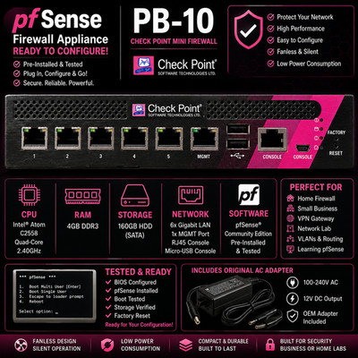 pfSense Firewall Appliance Ready to Configure | Check Point PB-10 | 4GB 160GB OE