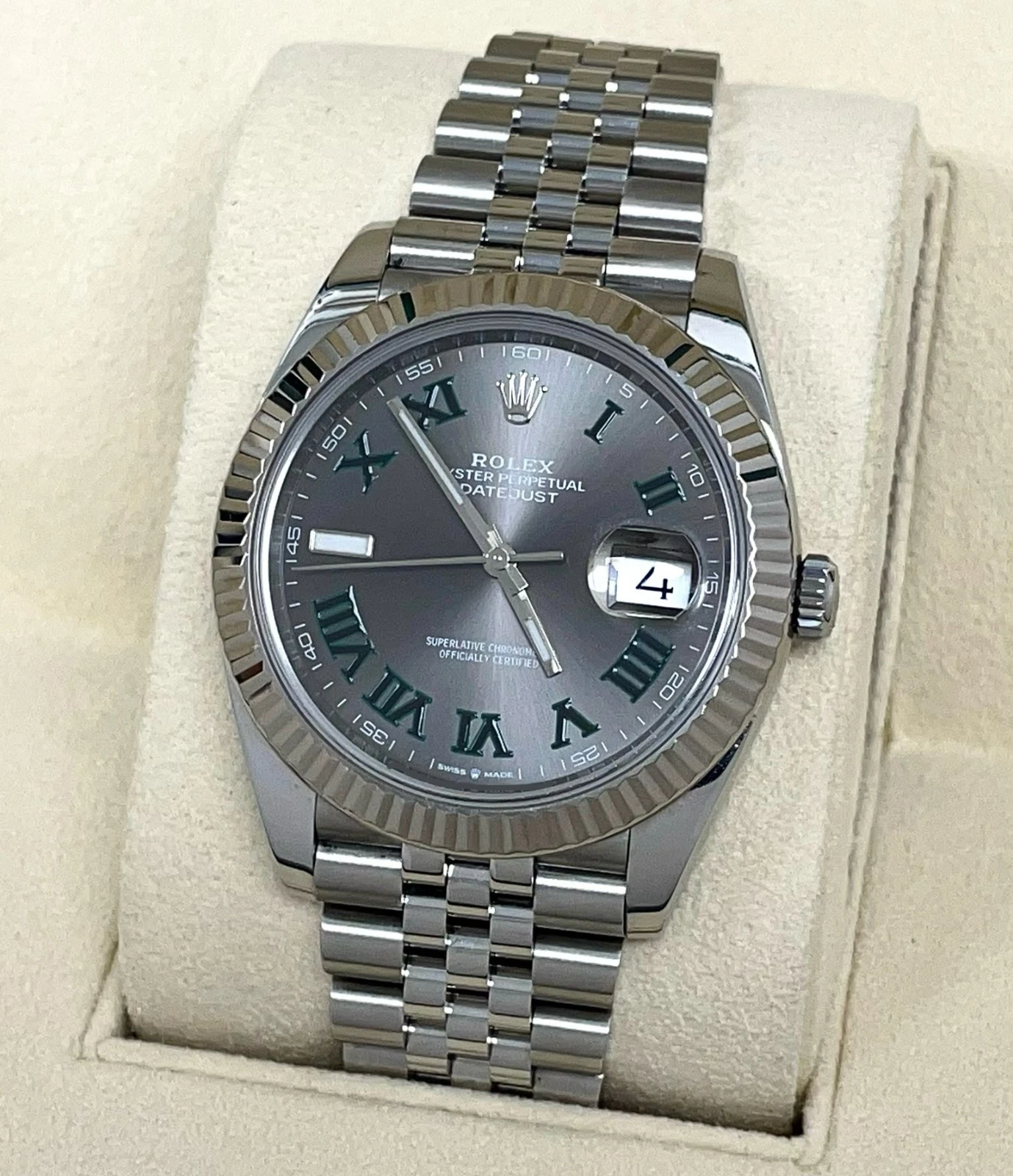 ROLEX DATEJUST WIMBLEDON 126334 FLUTED BEZEL AND JUBILEE BRACELET WITH BOX 41MM