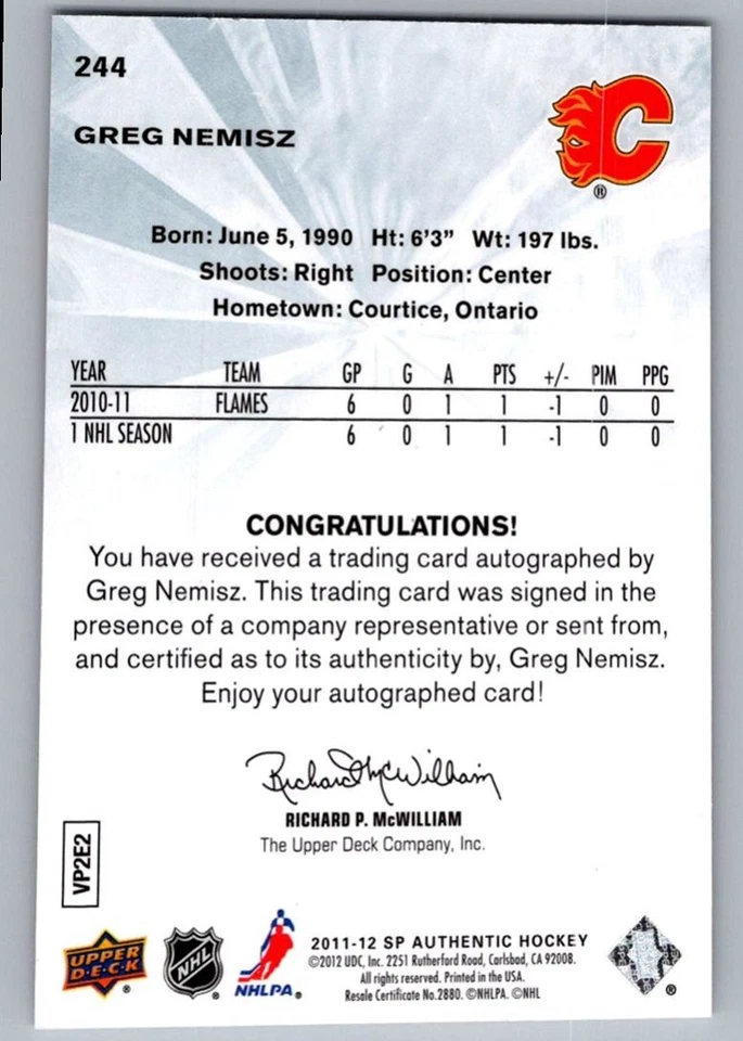 2011-12 SP Authentic Greg Nemisz Rookie Auto 636/999 Calgary Flames #244 - Image 2 of 2