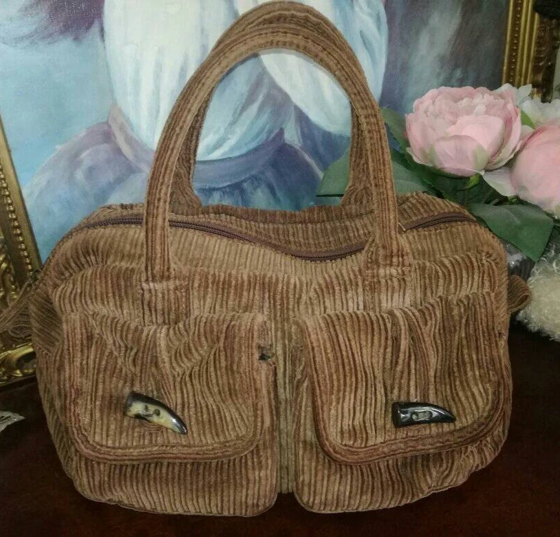VINTAGE Y2K DOLCIS WOODLAND BROWN CORD TWIN HANDLE BAG BOWLING SHAPE HANDBAG - Image 2 of 4