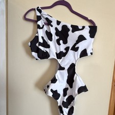 Women’s Black & White Cow Print One Shoulder Cut-Out One-Piece Swimsuit S
