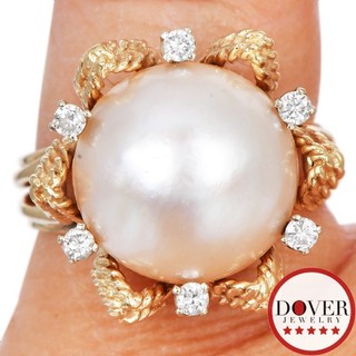 Anello cocktail Estate diamante 12 mm perla oro giallo 14 carati fiore 9 1 grammi senza prezzo di riserva