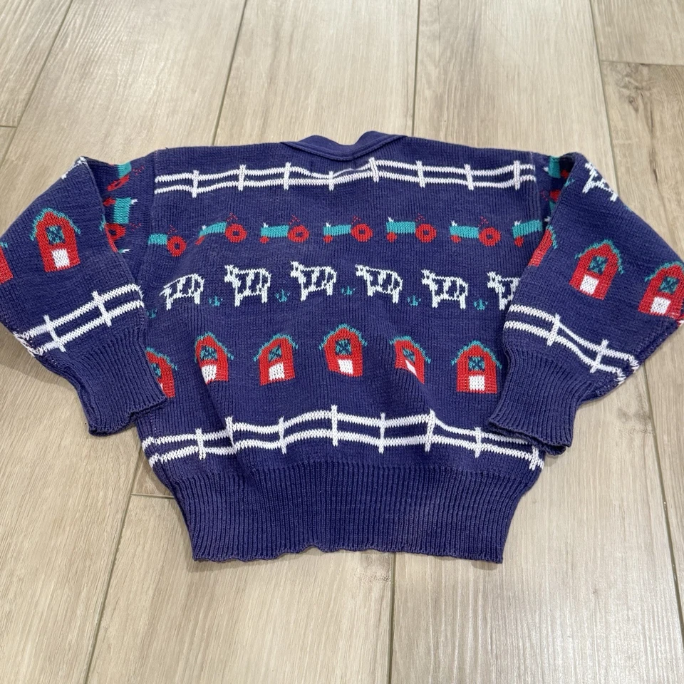 Kitestrings Cardigan Sweater Boys 5/6 Farm Scene Cows Tractor USA Made VTG - Image 2 of 4