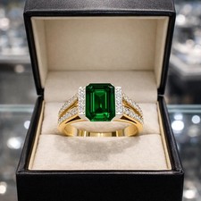 4.80 Ct Emerald Cut Natural Emerald  Diamond Wedding Ring 14K Yellow Gold
