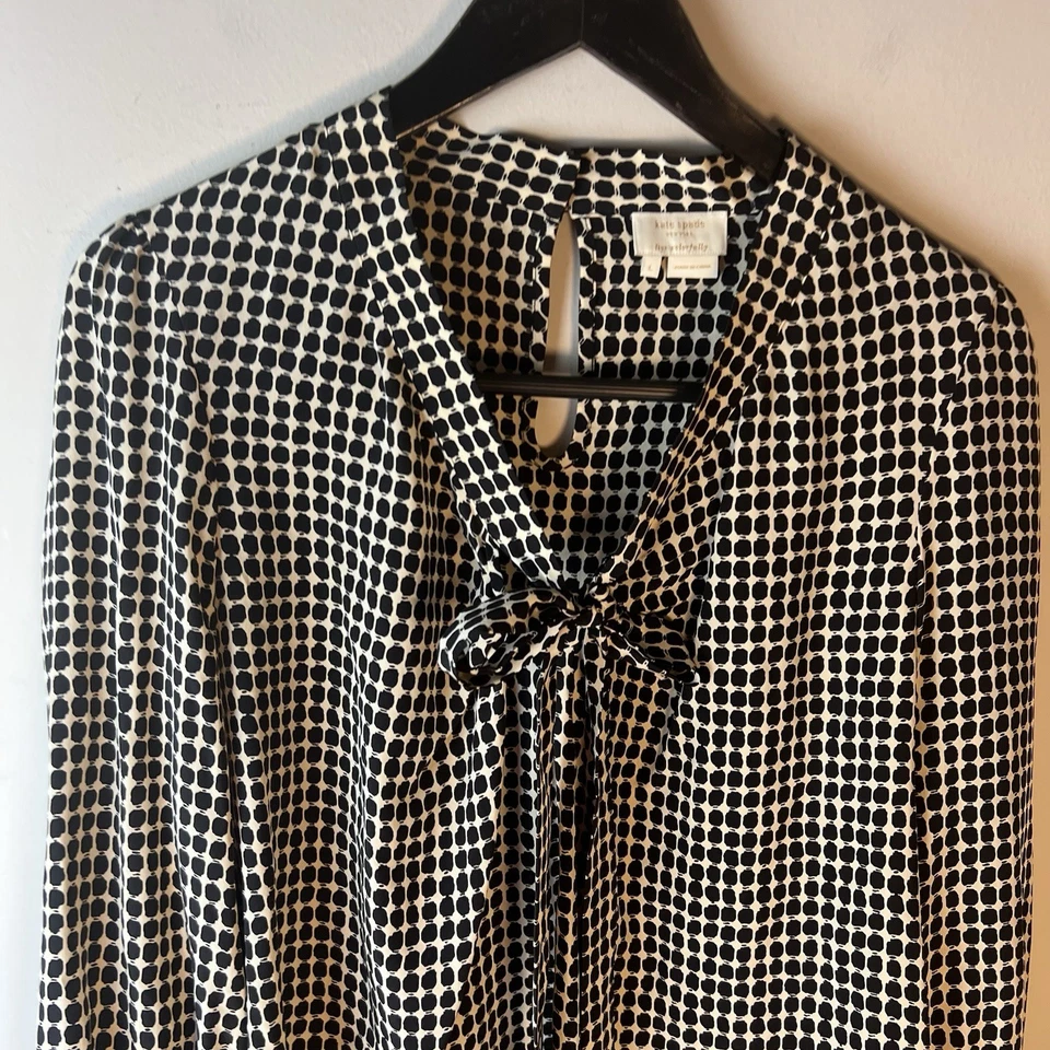 Blusa Top Kate Spade Seda Negra y Marfil Corbata Cuello Lazo Mujer Grande Foto 2 de 4