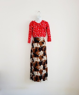 Vintage 90s Cleo Floral Made in Canada Brown & Cream Maxi Skirt Women's Size 14 