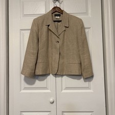 Women s Linen Blazer Beige Tailored Classic Workwear Jacket Lined Shoulder Pad14