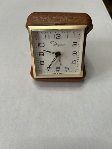 Vintage Travel Alarm Clock Ingraham - Gold Tone -Fold Mechanical Wind Brazil - Picture 1 of 4