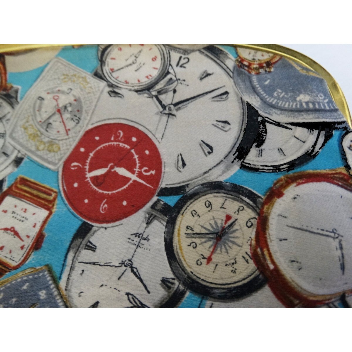 1950s Purse Novelty Pocket Watch and Clock Print Silk… Gem