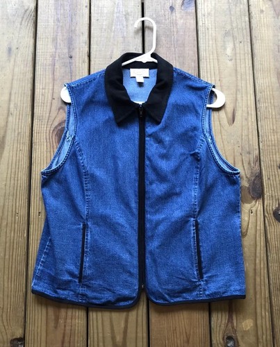 Talbots women's size M blue jean & black velvet zip up sleeveless blouse vest