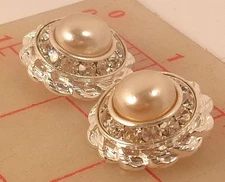 10 Czech double layer silver metal shank rhinestone buttons w glass pearl 1" 320