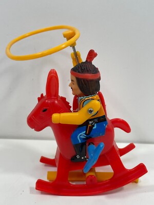 Vintage Rocking Indian with Action Lasso Horse Ride Wind Up Tin