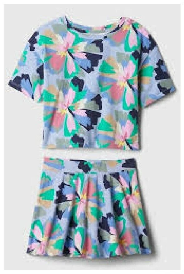 GAP KIDS GIRLS M 8 SHORT SLEEVE COTTON BLUE FLORAL KNIT SKORTS SET OUTFIT NWT - Image 3 of 4