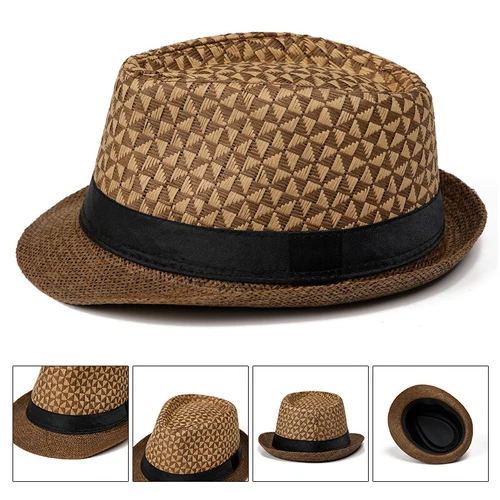 Herren Sommer Stroh Fedora Mütze Trilby kubanische Sonnenkappe Panama kurze Krempe Mütze - Bild 2 von 21