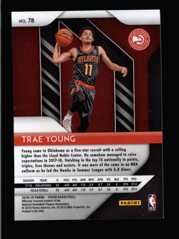 TRAE YOUNG 2018/19 PANINI PRIZM #78 ATLANTA HAWKS BASE ROOKIE RC