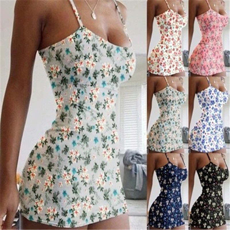 Sexy Buttocks Slim Print Dress With Suspenders women casual top