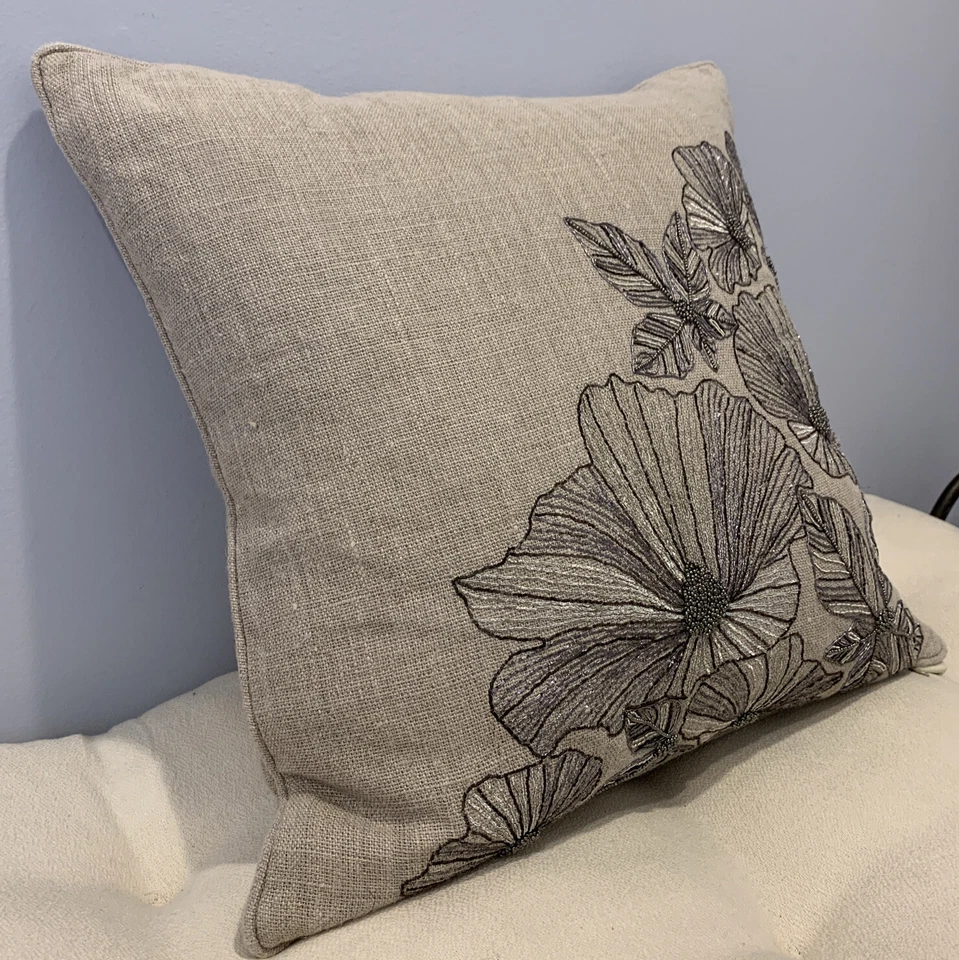 Arhaus Square 18" Pillow Cover w Insert Garden Pewter Big Flower Beaded On Linen - Image 3 of 4