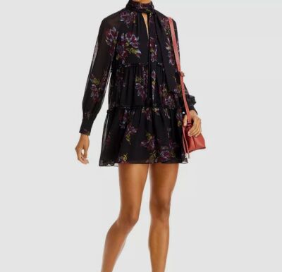 $395 Cinq à Sept Women's Black Floral Long Sleeve Tie Neck Minidress Size 6