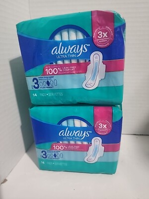 2 Always Ultra Thin Pads Extra Long Super Size 3 w/Wings Unscented 14 Ct Per Pk