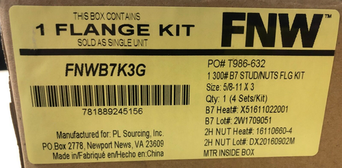 FNW 1 x 3 in. 300# B7 Stud Nuts Flange Kit Threaded FNWB7K3G 4 Pack 5/8 - 11 x 3 - 第 2/2 張圖片