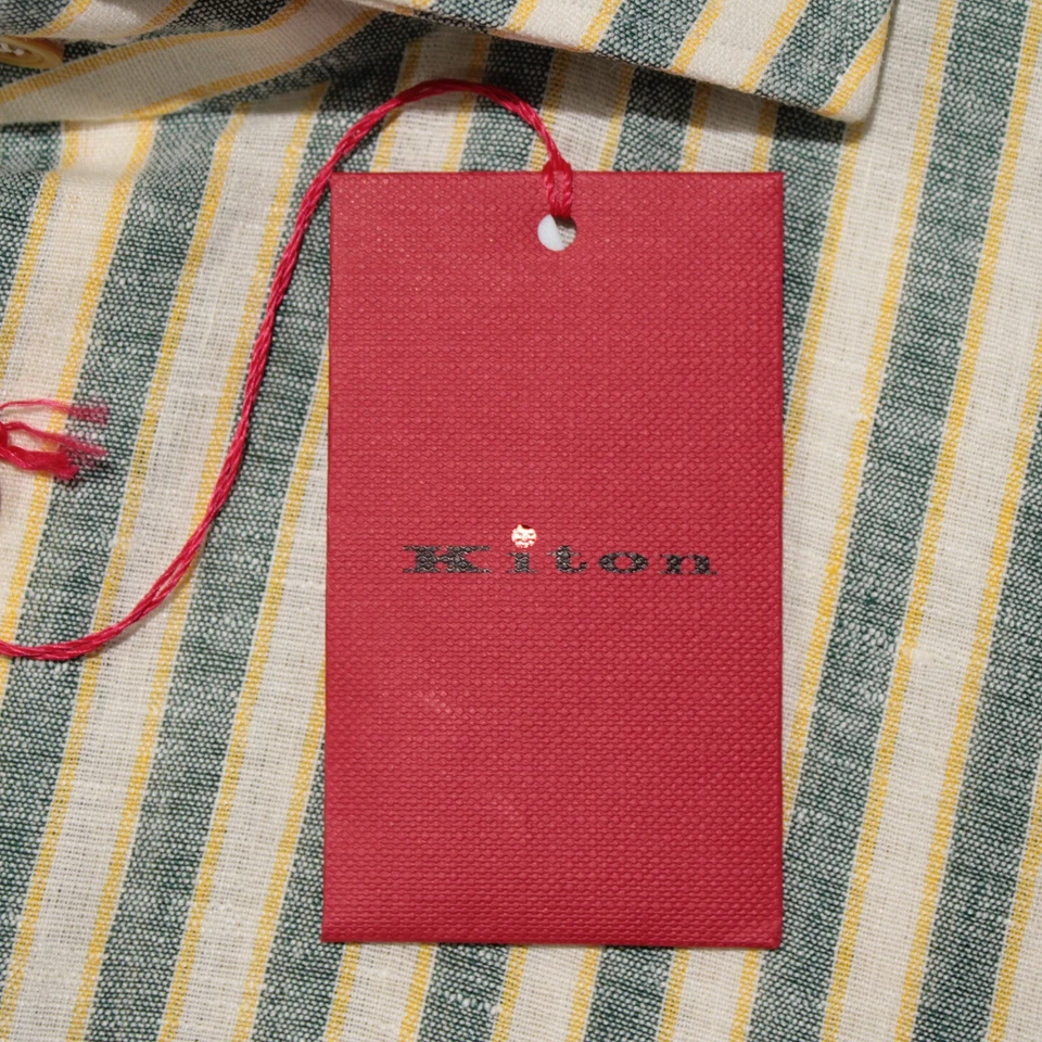 Camisa Kiton Nueva con Etiquetas Informal Abotonada Talla XXL Verde/Amarillo/Crema Rayas Mezcla de Lino Foto 2 de 4