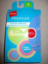851J2 Hanes IRGCBB Girls Premium ComfortBlend Bikini Panties 6-Pack Sz 6 Blue