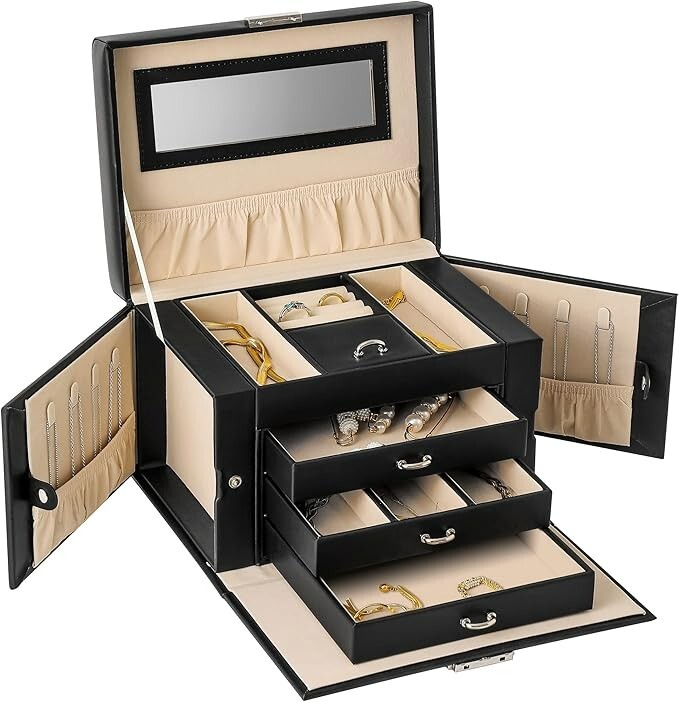 Grande boîte à bijoux noire avec miroir - Idée cadeau d'anniversaire femme