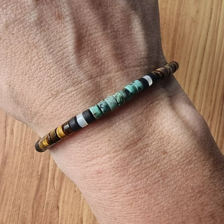 African Turquoise & Tiger Eye Beads Gemstone Healing Dainty Women Men Bracelet - Image 2 of 3