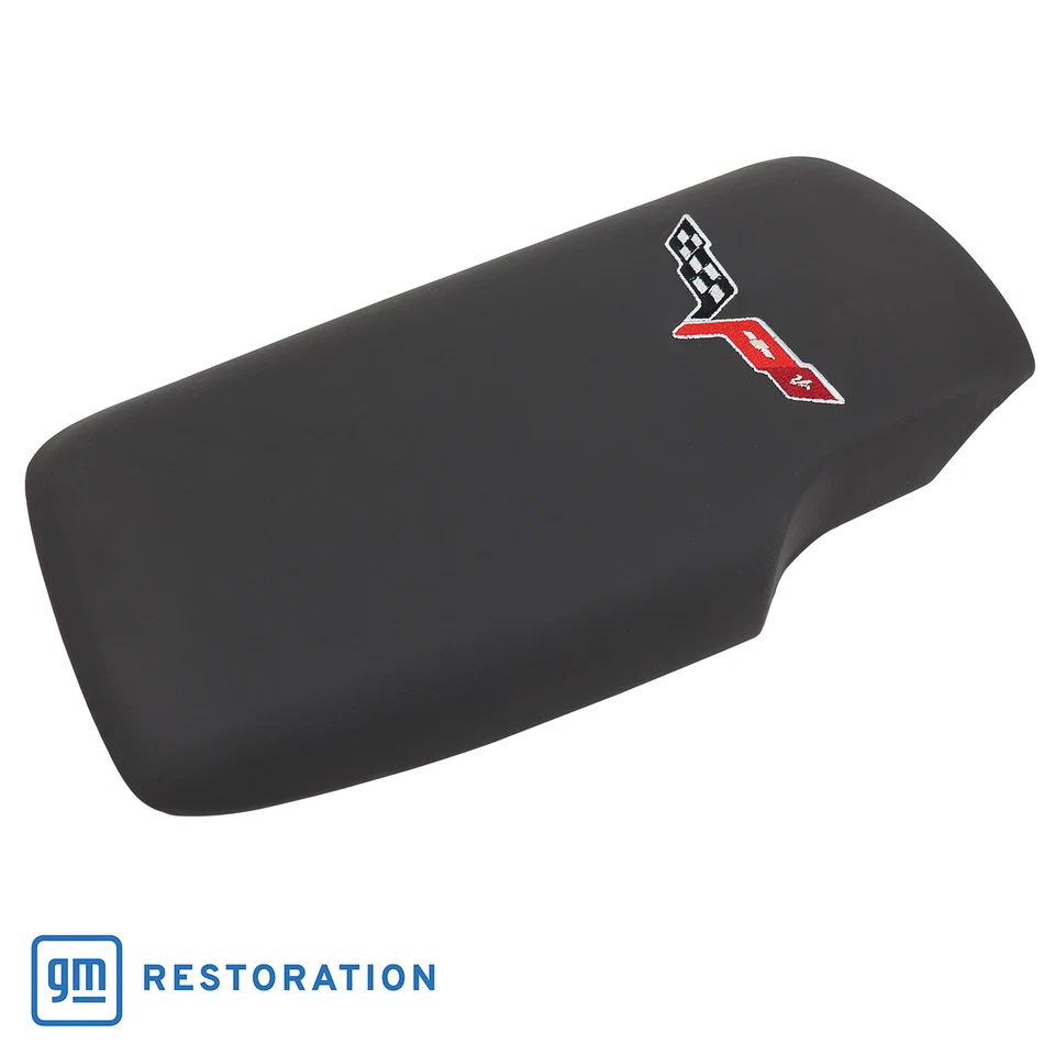 Tapa de consola bordada Corvette C6 en ébano con logotipo de bandera cruzada plateada 2005-2013 Foto 2 de 4