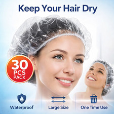 30PCS Disposable Shower Caps Clear Plastic Waterproof Hair Caps Large 17.3" Pack